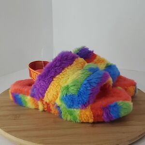 NEW Fluff Yeah Slide Cali Collage Slipper Big Kid 5/ Women's 7 Multi Slingback